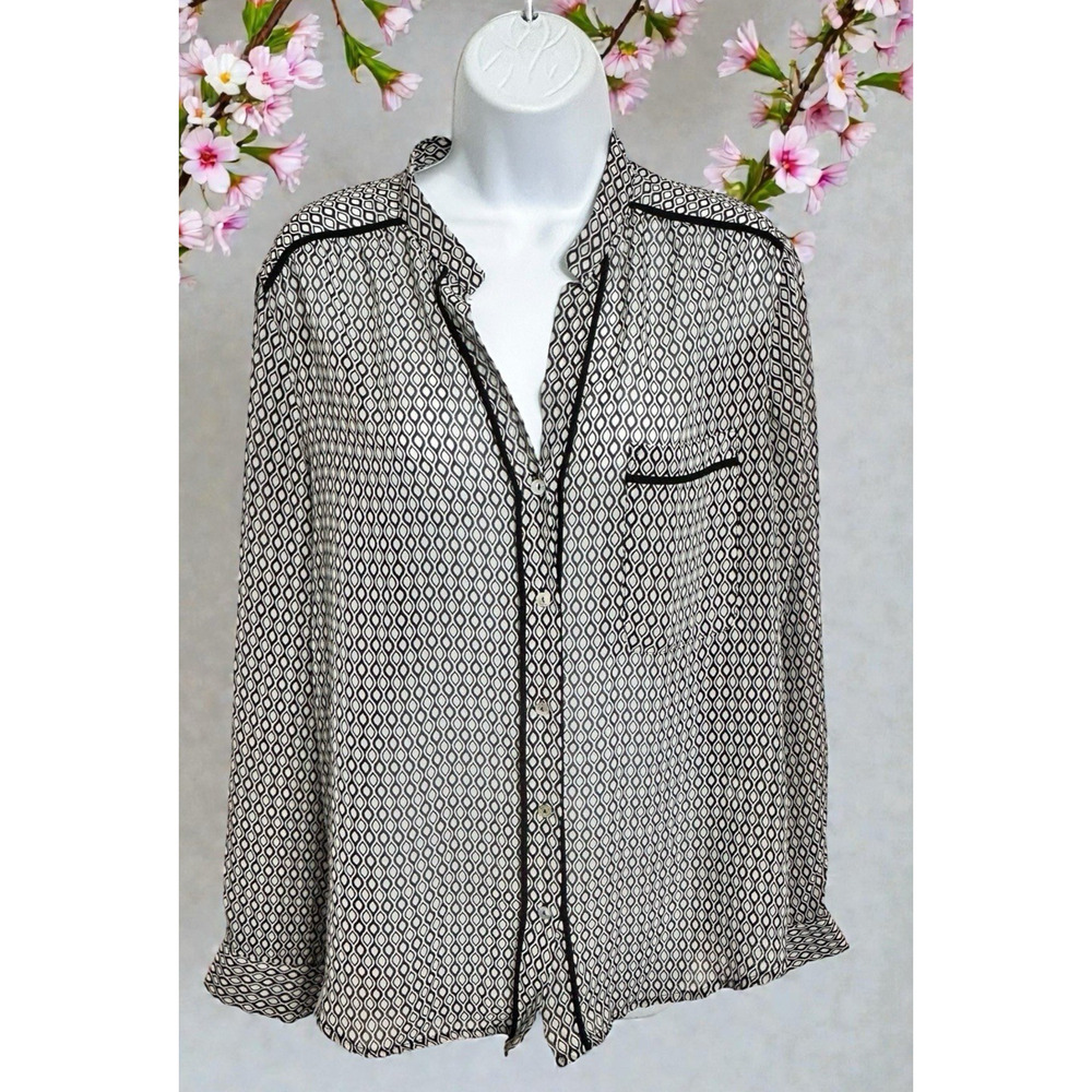 Max Edition Black White Button Front Blouse Sz Medium Semi Sheer Long-Sleeve Top